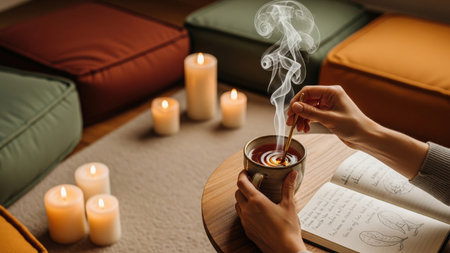 Hands stir a steaming mug of tea in a serene, candlelit setting. This cozy, mindful moment with a book and soft cushions evokes warmth, comfort, and self-care.の素材