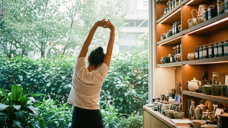 A person stretches arms overhead near a window overlooking lush foliage, with shelves of natural products in the foreground.の素材
