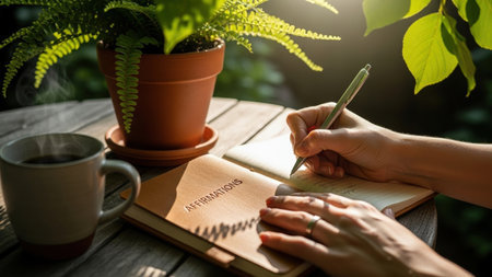 A persons hands write in a notebook on a wooden table, accompanied by a coffee mug and a potted fern, bathed in warm, dappled sunlight.の素材