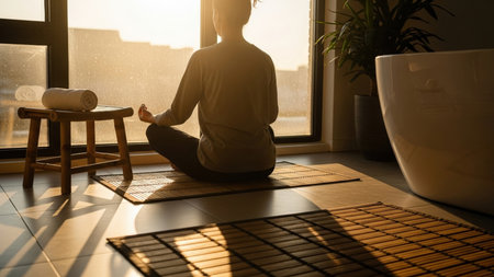 A person in silhouette meditates in a tranquil room, bathed in warm, golden sunlight streaming through a large window, promoting mindfulness and relaxation.の素材