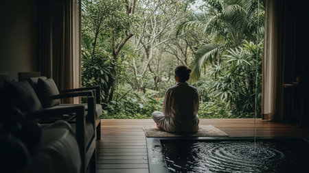 A person meditates on a mat, silhouetted in a dark room against a bright, open view of a lush tropical garden. Ripples disturb a small indoor pool, enhancing the tranquil scene.の素材