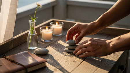 Close-up of hands carefully stacking stones on a wooden surface, with lit candles and a flower in a vase creating a peaceful, sunlit atmosphere.の素材