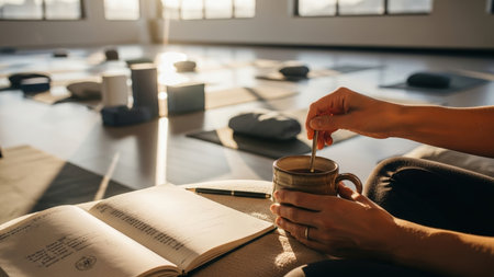 A peaceful yoga studio bathed in warm morning sunlight, with mats laid out, as a person enjoys a coffee and reads an open book.の素材