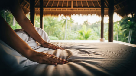 Hands smoothing a crisp white sheet on a massage table in an open-air pavilion, overlooking vibrant jungle foliage.の素材