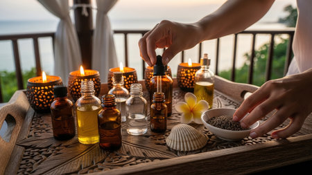 Close-up of hands arranging aromatherapy oils, candles, and seashells on a tray. Balcony setting with ocean view creates a tranquil spa atmosphere.の素材