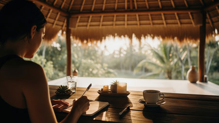 A woman in silhouette practices yoga or meditation at sunrise in a traditional Balinese bungalow, overlooking a vibrant, sun-drenched jungle landscape.の素材