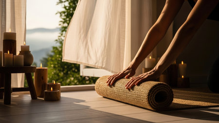 A persons hands rolling out a yoga mat indoors, bathed in soft morning light. The scene includes a window overlooking a misty landscape, candles, and a sense of peace. The warm tones and composition evoke tranquility.の素材