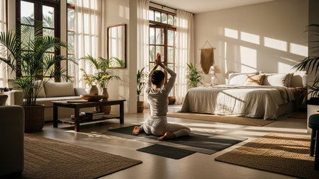 Woman in pajamas practices yoga in a bright, sun-drenched bedroom. The minimalist space features plants, large windows, and a calm, peaceful atmosphere.の素材