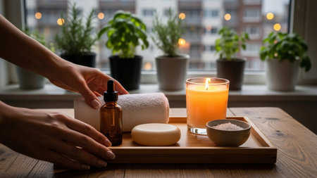 Gentle hands arrange essential oils, soap, and a lit candle on a tray, evoking a tranquil spa atmosphere with a blurred window garden backdrop.の素材