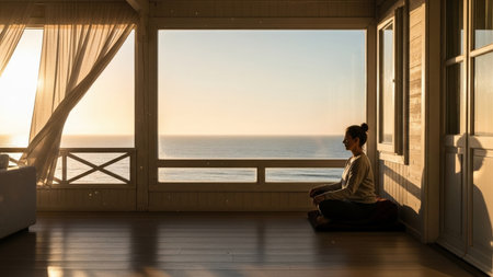 A woman meditates in a sunlit room with large windows overlooking the ocean at sunset. The golden light creates a peaceful and calming atmosphere.の素材