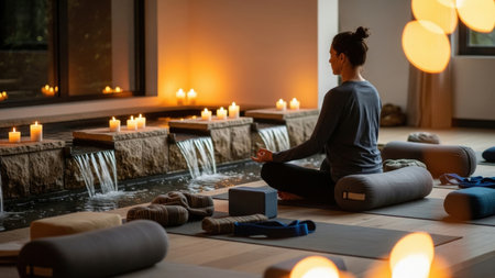 A woman in a meditative pose, facing away, finds tranquility beside a small, illuminated waterfall, surrounded by yoga bolsters and mats in a dimly lit, warm ambiance.の素材
