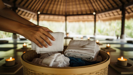 A persons hands carefully arrange folded white towels within a woven basket, set in a spa-like environment. Soft natural light filters through an open-air structure, illuminating the scene. Candles flicker, creating a calming atmosphere.の素材