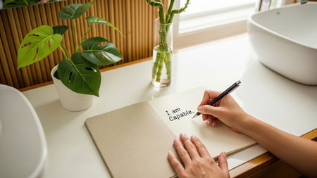 A person practices a mindful morning ritual, writing the positive affirmation I am... in a journal on a sunlit vanity surrounded by lush green houseplants.の素材