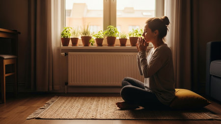 A tranquil woman sits cross-legged on a floor cushion, sipping a warm drink, bathed in soft sunlight from a window adorned with plants.の素材