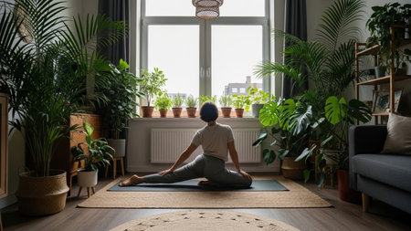 A woman practices yoga in a bright, sunlit room filled with lush green plants. She stretches on a mat facing a large window, creating a peaceful and healthy atmosphere. The natural light illuminates the space, highlighting the plants and the womans silhouette.の素材