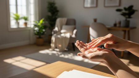 Close-up of hands applying lotion in a sun-drenched living room. Warm light creates a peaceful, self-care moment in a modern, minimalist interior.の素材