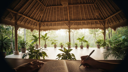 POV shot of hands journaling in a thatched-roof gazebo, overlooking lush tropical greenery. Soft, diffused light creates a peaceful, reflective atmosphere.の素材