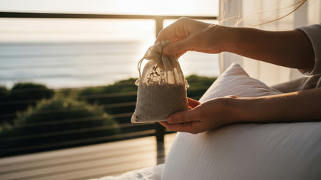 In the warm, golden light of sunrise, a persons hands gently hold a natural wellness sachet, enjoying a tranquil moment on a serene seaside balcony.の素材