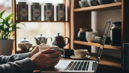 Persons hands holding a warm cup by a laptop in a cozy cafe, bathed in natural window light. Blurred tea canisters and cups on shelves create a relaxed, productive atmosphere.の素材