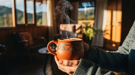 A hand holds a steaming, rustic ceramic coffee mug in a sunlit cabin. Warm light streams through windows, illuminating the steam and creating a cozy atmosphere. The scene evokes feelings of comfort and relaxation.の素材