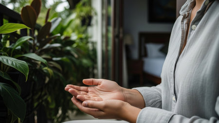 A woman gently cups her hands near lush indoor plants, bathed in soft, diffused light. The scene evokes tranquility and a connection with nature within a cozy home setting.の素材