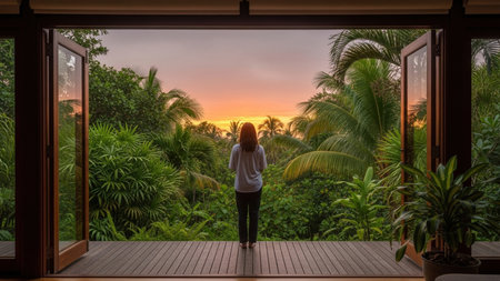 Woman stands in an open doorway, silhouetted against a vibrant tropical sunset. Lush greenery fills the view, creating a serene and peaceful scene.の素材