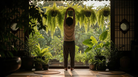 Back view of a woman stretching under hanging plants in a sunlit room. Indoor garden, serene atmosphere, natural light, peaceful moment, wellness, and relaxation.の素材