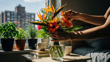 Hands meticulously arrange vibrant tropical flowers, like Bird of Paradise, in a glass vase on a sunlit window sill. Potted plants and an urban backdrop create a peaceful, creative home scene.の素材