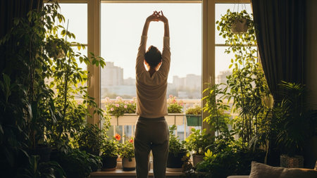 A woman stretches her arms overhead in a sunlit apartment, surrounded by lush green plants, creating a serene and peaceful atmosphere.の素材