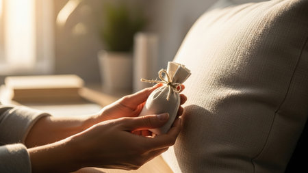A close-up captures hands exchanging a small, tied fabric pouch, bathed in warm, natural light. This intimate moment suggests a thoughtful gift, a sample, or a meaningful transaction, emphasizing connection.の素材