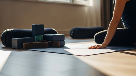 A person sits on a yoga mat, surrounded by blocks and bolsters, bathed in warm natural light from a window, creating a serene atmosphere for a mindful home practice.の素材