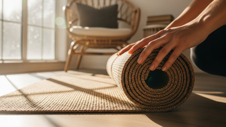 A person rolls up a yoga mat in a sun-drenched room, preparing for a morning practice. The warm light streams through a window, illuminating the mat and hands. A wicker chair and books are in the background, suggesting a peaceful setting.の素材