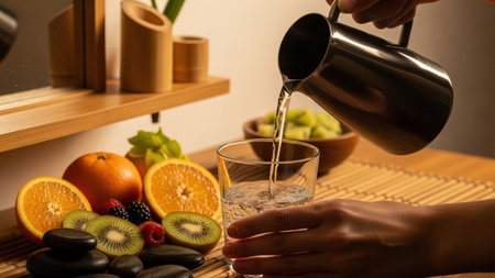 A hand pours water from a metal pitcher into a glass, creating a spa-like atmosphere. Sliced oranges, kiwis, grapes, and berries are artfully arranged. Warm, inviting lighting enhances the scene.の素材