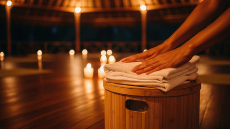 In a dimly lit sanctuary, hands prepare for a wellness ritual, resting on clean towels. The warm glow of candles reflects on the polished wood floor, creating a peaceful ambiance.の素材