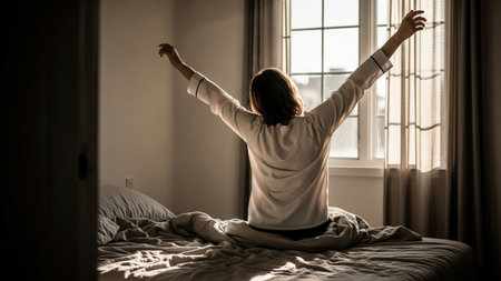 Back view of a woman in pajamas greeting the day with a big stretch in bed. Golden sunlight floods the bedroom, creating a warm, hopeful, and serene atmosphere.の素材