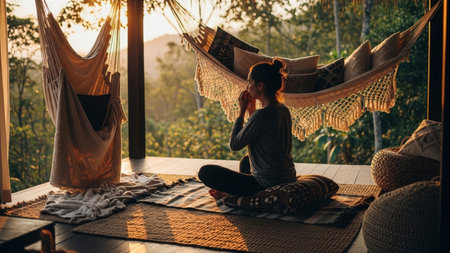 A woman sits peacefully in a hammock, sipping coffee on a wooden deck overlooking a lush green forest. The warm golden light of the morning bathes the scene, creating a tranquil atmosphere. The composition is balanced, with the hammock and the woman as the focal points.の素材