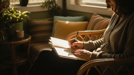 A woman finds a peaceful moment, journaling in a notebook while sitting in a wicker chair bathed in warm, natural light from a nearby window.の素材