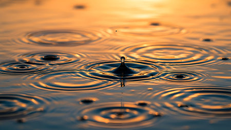 A close-up captures a raindrop's impact, creating a crown splash and concentric ripples on water reflecting the warm, golden light of a serene sunset or sunrise.の素材