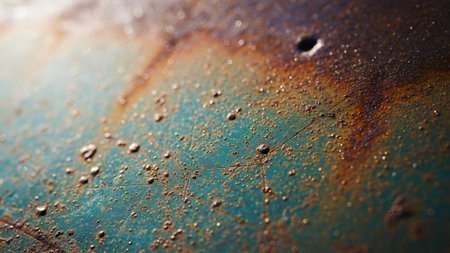 Close-up of a heavily corroded metal surface, showcasing a vibrant teal patina, rust, and an iridescent oil film. Small water droplets and textured bumps add depth to this abstract composition.の素材