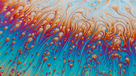 A macro photograph captures the mesmerizing surface of a soap bubble. Intricate patterns of color, including blues, oranges, and purples, swirl across the surface.の素材