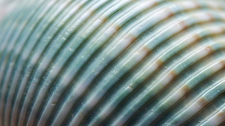 Close-up macro photograph showcasing the iridescent surface of a shell. The image highlights diagonal lines, soft focus, and a play of light and shadow, creating a textured, abstract composition.の素材