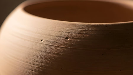 A close-up shot of a handcrafted terracotta pottery vessel. The image highlights the textured surface, revealing the marks of the potter's hands.の素材