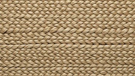 Detailed close-up of a braided jute rug, showcasing its natural fiber texture and intricate weave pattern, bisected by a subtle horizontal seam.の素材