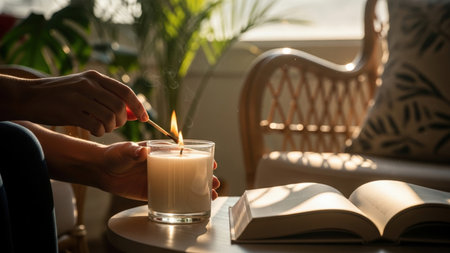 A person's hands light a creamy scented candle, casting a warm glow on an open book and a textured wicker chair, creating a serene, inviting atmosphere.の素材