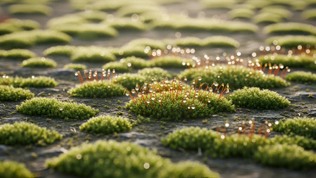 Close-up of vibrant green moss patches adorned with glistening dewdrops, creating a magical, ethereal landscape. Soft, diffused light enhances the texture and detail.の素材