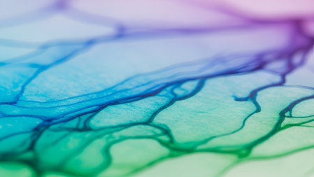 Close-up abstract of fluid art showcasing vibrant blue, green, and purple inks blending on a white surface, creating a mesmerizing, organic pattern.の素材