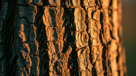 A detailed close-up of a tree trunk's rugged bark, bathed in the warm, dramatic light of the golden hour. Sidelighting carves out intricate textures, ridges, and crevices.の素材