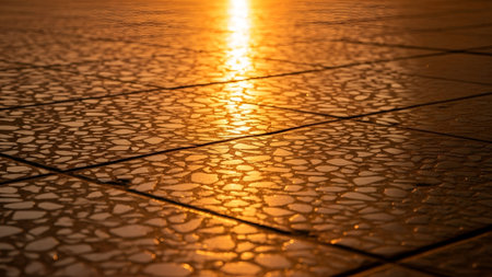 A close-up captures the golden reflection of sunlight on a tiled floor. The warm light creates a shimmering effect, highlighting the texture and pattern of the tiles.の素材
