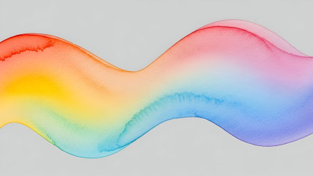 An abstract, undulating ribbon of translucent rainbow colors, created with a soft watercolor wash technique, evoking a sense of gentle motion and positivity.の素材