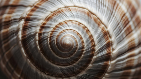 A mesmerizing macro shot capturing the intricate, textured spiral of a snail shell. The natural pattern in earthy tones creates a hypnotic, abstract background of perfect geometry.の素材